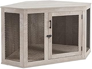 unipaws Corner Dog Crate with Cushion, Dog Kennel with Wood and Mesh, Dog House, Pet Crate Indoor Use, Medium, Weather Grey