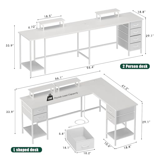 66" L Shaped Computer Desk, 94.4'' Home Office Desk with Power Outlets, 4 Adjustable Storage Drawers & 2 Monitor Stands, Large Two Person Gaming Table for Writing Study, White