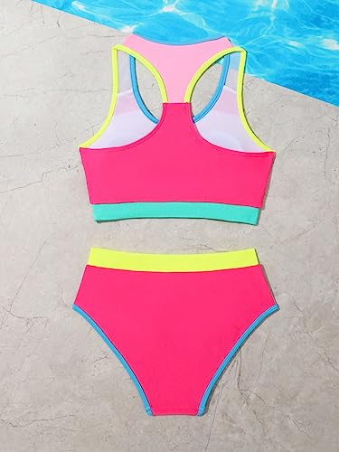 Image of SOLY HUX Girl's Color Block Bikini Set 2 Piece Swimsuit Bathing Suits HotPink Colorblock 9Y