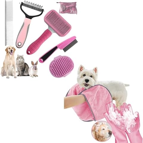 6 PCS Dog Brush for Shedding and 2 PCS Dog Washing Gloves - Quick Drying Dog Towel for All Small Large Dogs Cats Pink Cover
