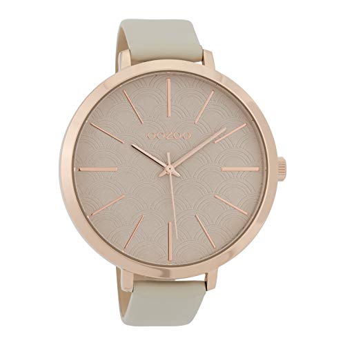 Grande montre XXL Oozoo pour femme avec cadran design et bracelet en cuir 48 mm, Beige/beige - C9676, bracelet