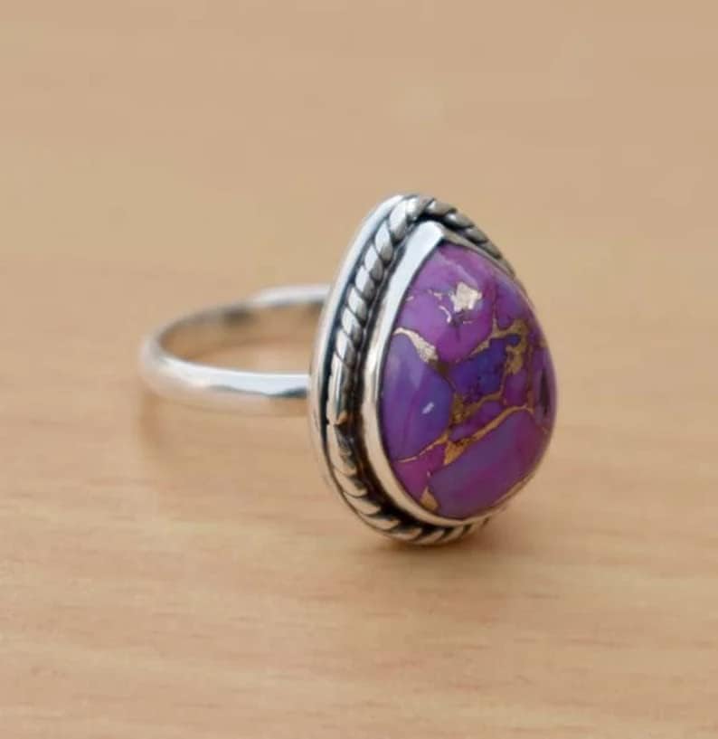 Purple Copper Turquoise Ring, 925 Silver Plated, Pear stone Ring, Purple Mojave Turquoise Ring, Trending Ring, Purple Stone Ring, Gemstone Ring, Bohemian Ring, Hippie Ring, Women Ring, Daily Wear Ring