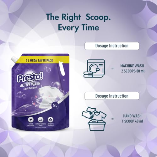 Image of Amazon Brand - Presto! Active Wash Liquid Detergent Refill Pack 5L | Floral Scent | Powerful Stain Removal for Machine Wash