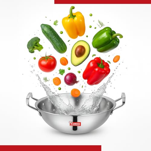 Image of Camro Triply Artisian Kadhai 5.8 Litre | Tasla kadai Steel Stainless Round Kadhai for Deep Frying Stir-Fry| Induction Base Kadai for Cooking Triply Kadai Without lid | Induction Friendly