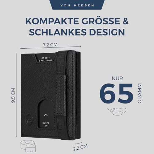 VON HEESEN Slim Wallet met RFID-bescherming, kaartenetui voor heren en dames, mini-portemonnee van leer, kleine portemonnee, zwart, MIT MÜNZFACH, Met mini-muntvak - Afbeelding 6