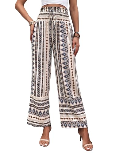SweatyRocks Women's Allover Geo Print Wide Leg Pants Drawstring Waist Ruffle Hem Trousers