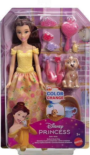Mattel Disney Princess Belle Fashion Doll & Dog Figure with Color Change Spots, Bathtub, Brush & Hair Accessories, Inspired by Beauty & The Beast - image 7