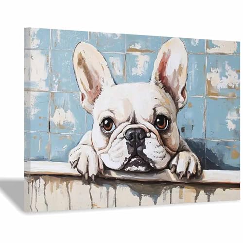 Tableau bouledogue français art animalier sur toile déco murale moderne bleue