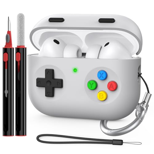 Delidigi für AirPods Pro 3 Hülle Case Klassische Handheld Game Console Design Silikon Schutzhülle with Reinigungsstift & Handschlaufe Kompatibel mit Apple AirPods Pro 3. Generation (Hell Grau)