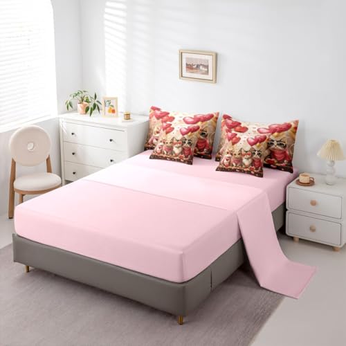 Image of Cute Cats Twin Comforter Set Pink Heart Balloons Decor Bedding Sets Valentine's Day Romantic Lovely Kitty Bedroom Decor Comforter,Flat Sheet,Fitted Sheet,2 Pillowcases,2 Pillow Covers,7 Pieces