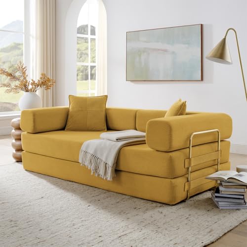Image of HANXIN Convertible Sleeper Sofa Bed, 78 Inch Folding Floor Mattress Couch with Fixed-Shape Frame, Futon Boneless Couch Lounge Loveseat with Pull Out Bed, No Assembly Required (Yellow)