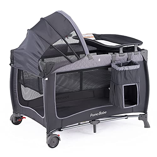 Pamo Babe Portable Baby Nursery Center Baby Playard, Foldable Baby Crib With Changing Table & Wheels(Grey) #TOP6