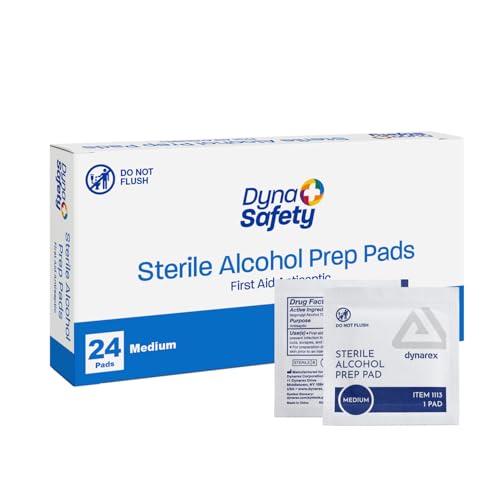 Dynarex DynaSafety Sterile Alcohol Prep Pads - Medium - 70% Isopropyl Alcohol Individually Wrapped Soft Cleaning Wipes - Box of 24