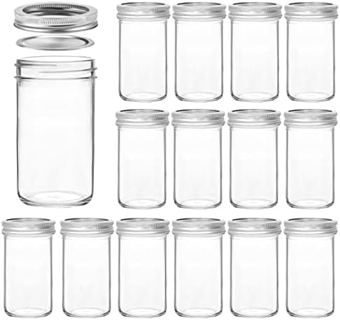 verones mason jars 12 oz, 15 pcs canning jars jelly jars with regular lids, ideal for jam, honey, wedding favors, shower favors clear-15pack-12oz