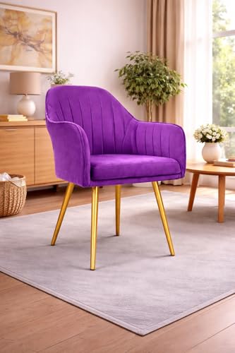 Image of Accent Chair for Living Room| Soft Velvet Fabric Armchair with Multi Colour Leg Options | Modern Chair with Thick Cushion for Home Office restaurent and cafes| 1pc (Golden Legs, Purple)