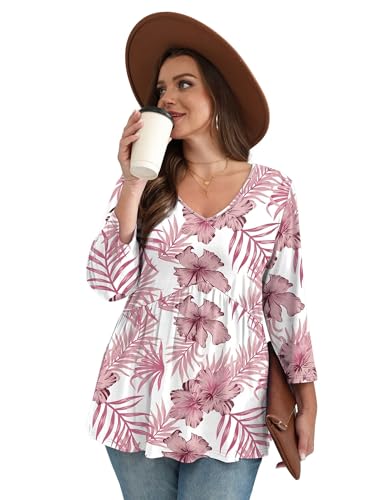 Image of OFEEFAN 3 /4 Length Sleeve Womens Tops 2026 Blouses for Women Dressy Casual Fashion Clothing V Neck Babydoll Tops Fall Outfits