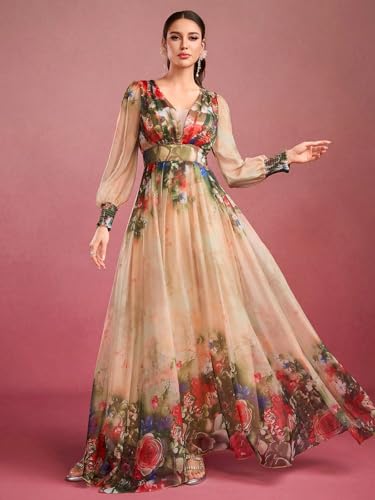 Image of TOLEEN Summer Casual Dresses for Women 2024 Spring Fashion Boho V Neck Long Sleeve Ruffle Floral Print Elegant Maxi Dress