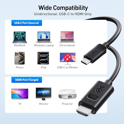 Image of Cable Matters Unidirectional USB C to HDMI 2.1 Cable - 15ft, Support 4K@240Hz and 8K@60Hz, HDR - Thunderbolt 4, Thunderbolt 5, USB 4 Compatible with MacBook Pro, XPS, ThinkPad - Max 4K@60Hz on macOS