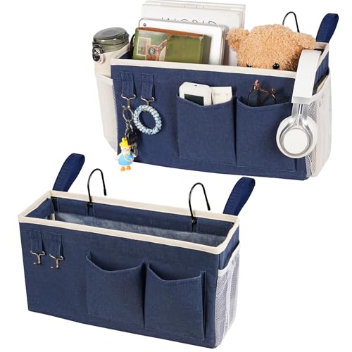 Image of Loghot Bedside Caddy /Bedside Storage Bag Hanging Organizer for Bunk and Hospital Beds,Dorm Rooms Bed Rails,Can be Placed Glasses,Books,Mobile Phones,Keys (2pc Navy Blue)