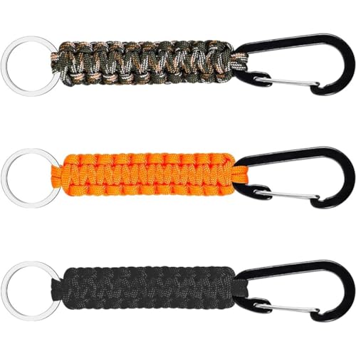 VIVIIHOO Ensemble de Porte-clés en paracorde 3 pièces en Noir et Orange et Camouflage, Mousqueton et lanière tressée pour équipement de Camping en Plein air, de randonnée et de Survie - 15.6cm