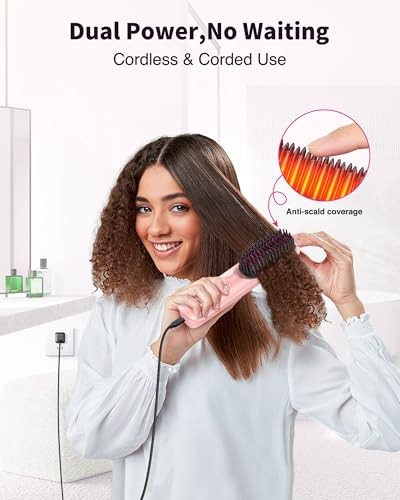 Image of Bopcal Cordless Hair Straightener Brush, 10000mAh Ionic Heated Comb, 6 Temp | Portable Rechargeable Hair Styling Brush with MCH Fast Heating, Ceramic Ionic Care, Anti-frizz Smoothing for Travel Use
