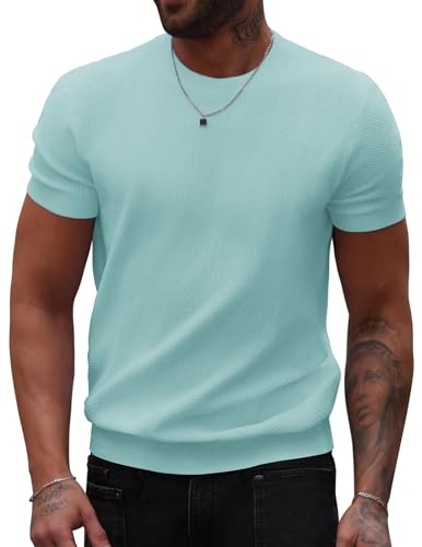 COOFANDY Mens T Shirt Waffle Knit Shirts Short Sleeve Casual Crew Neck Tshirt Vintage Crochet Top Lightweight Tshirt Summer Fashion Shirt Ice Green