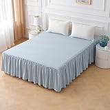 Silnuo Light Blue Checkered Bed Skirt Washed Cotton Vintage Gingham Plaid Dust Ruffle Queen Size 14' Bedding(1 Bed Skirt Only, Queen 14')