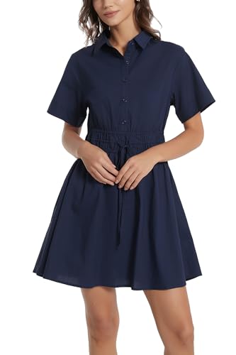 Image of D-Sun Women Casual Button Down Shirt Dress V-Neck Short Sleeve Tie Waist Mini Shirt A-Line Flowy Elegant Short Party Dress
