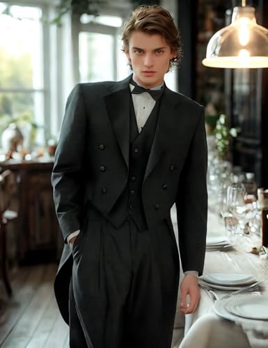 Mens Suits 3 Piece Swallow Tailcoat Slim Fit Double Breasted Tailed Coat for Performance Wedding Proms, Black, 2XL4