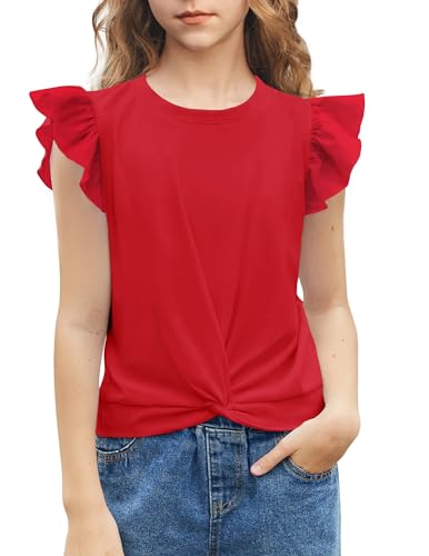 Image of Arshiner Girls Shirt - Short-Sleeve Twist Front T-Shirt for Girls with Cute Flying Sleeves - Summer Blouse Tunic Tee Tops