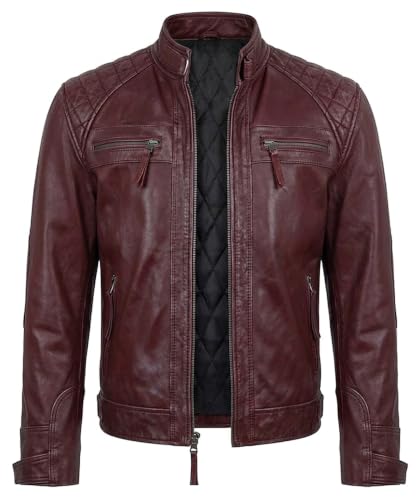 Image of Mens Vintage Retro Biker Cafe Racer Diamond Quilted Biker Jacket | Snap-Tab Collar with Adjustable Waist Genuine Leather Motorcycle Jacket