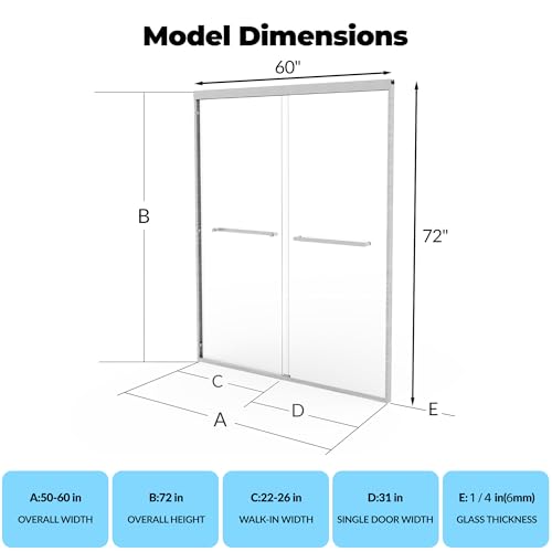 Image of Semi-Frameless Shower Door 56-60 inch W x 72 inch H, Double Sliding Doors, Tempered Glass, Easy-Clean & Durable Bathroom Door with Hardware Kit