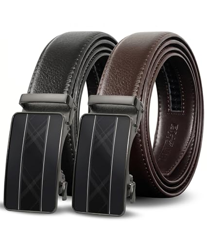 Image of Mens Ratchet Belts Leather-2 Packs,Adjustable Slide Belts For Gifts Men Dress and Casual 1 3 /8 inch,Cut for Perfect Fit