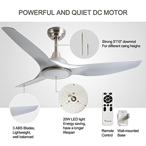 Image of 52 Inch DC Motor 3 Blade Modern Silver Ceiling Fan with Light and Remote
