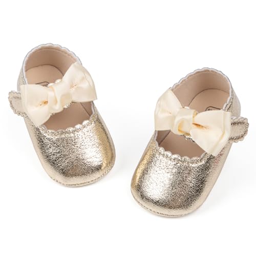 Infant Baby Girl Mary Jane Dress Flats Shoes Newborn Non-Slip Soft Sole First Walking Crib Shoes Christmas Wedding Baptism Princess Shoes 0-18 Months