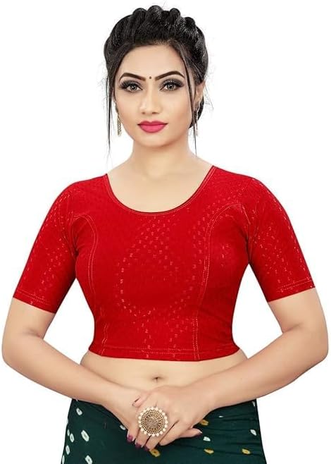 Round Neck Dobby Cotton Lycra Stretchable Elbow Sleeve Readymade Saree Blouse for Women Stylish
