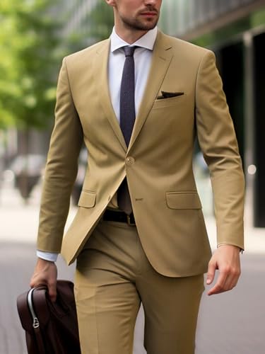 i · FineLong Costume Homme 2 pièces Mariage d'affaires Slim Fit Smoking, Coupe Classique, Veste de Smoking et Pantalon, Convient pour Les Mariages, Les dîners,TTG,Taille Normale,Taille Normale, Kaki – vue 3