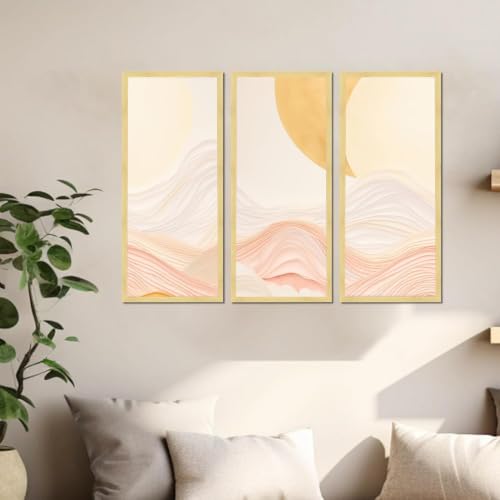 Image of PAINTINGMANTRA Abstract Layered Landscape Framed Wall Art Set of 3 | Modern Boho Minimal Wall Decor | Engineered Wood Frame Art for Living Room, Bedroom & Office, 8.9x18.9 Inch