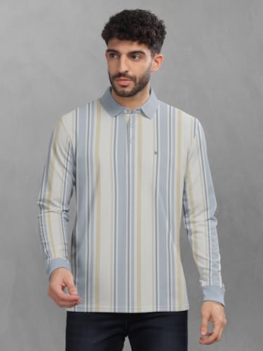 Image of BULLMER Striped Textured Printed Polo Neck Fullsleeve T-Shirt with Rib for Men