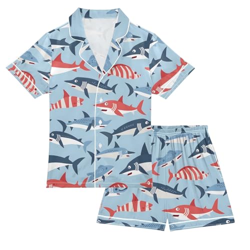 ALAZA Cute Fish on Blue Pajamas Satin Pajama Set Short Sleeve Button Down Sleepwear