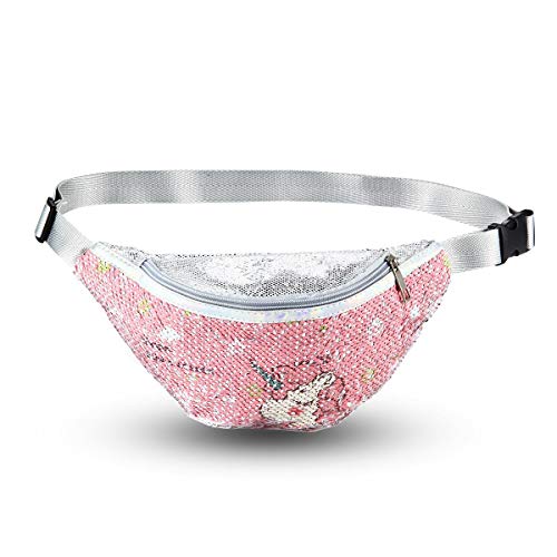 Volwco - Riñonera brillante con lentejuelas para niña, con cinturón ajustable, para deportes, correr, camping, viajes