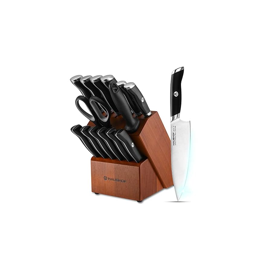 HAUSHOF Kitchen Knife Set with Block, 15 Pieces Stainless Steel Knife Sets with Sharpener Rod, Ultra Sharp, Ergonomic Handle, Resists Rusting, Gifts Knife Set for Dad, Mom, Husband and Wife