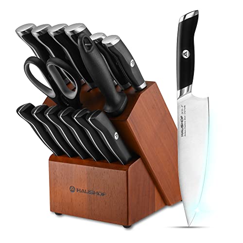 HAUSHOF Kitchen Knife Set with Block, 15 Pieces Stainless Steel Knife