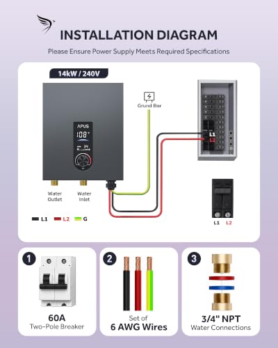 Image of APUS 14kW Tankless Water Heater Electric, 240V Instant On Demand Hot Water Heater, Up to 3.3 GPM with LED Display, Space-Saving and Energy-Saving Whole House Water Heater Design