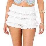 Luckinbaby Women Ruffle Knitted Shorts Layered Bottoms Pleated Tiered Bodycon Bloomer Shorts Slim Fit Summer Streetwear (A2610 White, S)