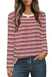 MEROKEETY Women's 2025 Long Sleeve Top Blouse Fall Casual Trendy Colourful Striped Crewneck Loose Shirts, Wine, M
