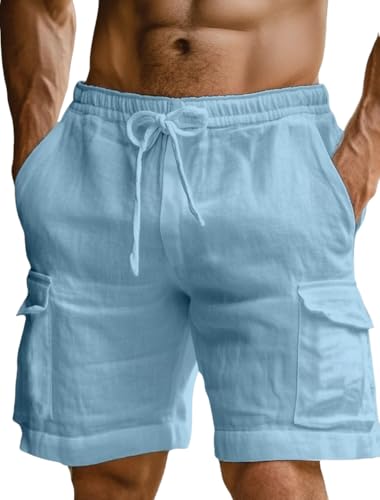 Image of INKKR Men's Cargo Linen Shorts Beach Shorts Drawstring Elastic Multi Pocket Plain Comfort Breathable Knee Length Cotton Shorts