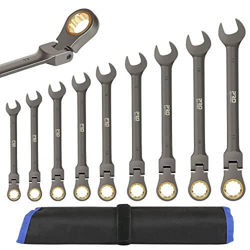 Prostormer 9-Piece Flex-Head Ratchet Wrench Set, Cr-V Constructed With Black Nickel Plating, 8-17Mm Metric Swivel Head Combination Spanner Wrench Kit With Rolling Pouch #TOP5