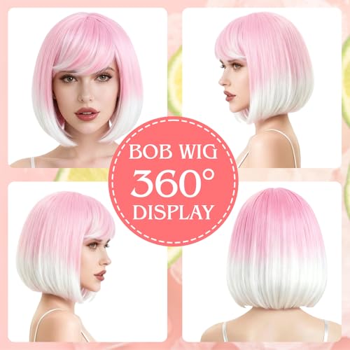 Image of PLULON Pink White Ombre Bob Wig with Bangs for Women Men, Colorful Short Funny Bob Wigs with Heart Sunglasses and Hair Cap Colored Cosplay Hairpieces for Halloween Costume Neon Bachelorette Party
