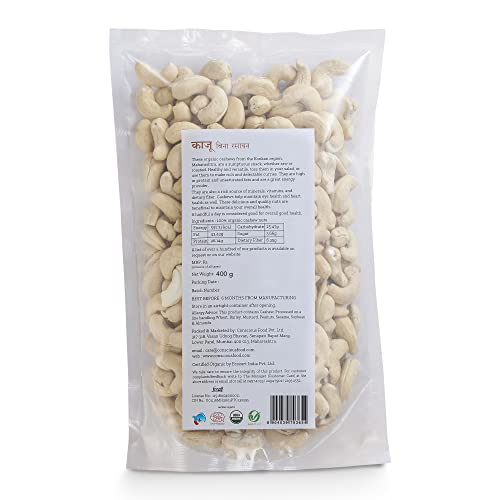 Image of Conscious Food 100% Organic Whole Cashew Nuts W240 | 400 g | Konkan Kaju | Crunchy & Rich | Value Pack | Source of Energy Vitamins & Minerals, Protein, Dietary Fibre